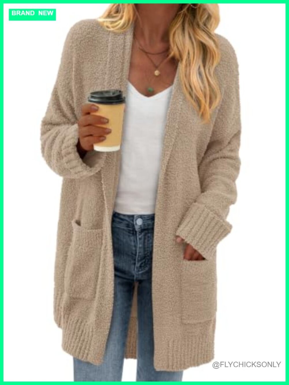 Fuzzy Knit Chunky Long Cardigan Sweater Coat w Pockets Open Front
